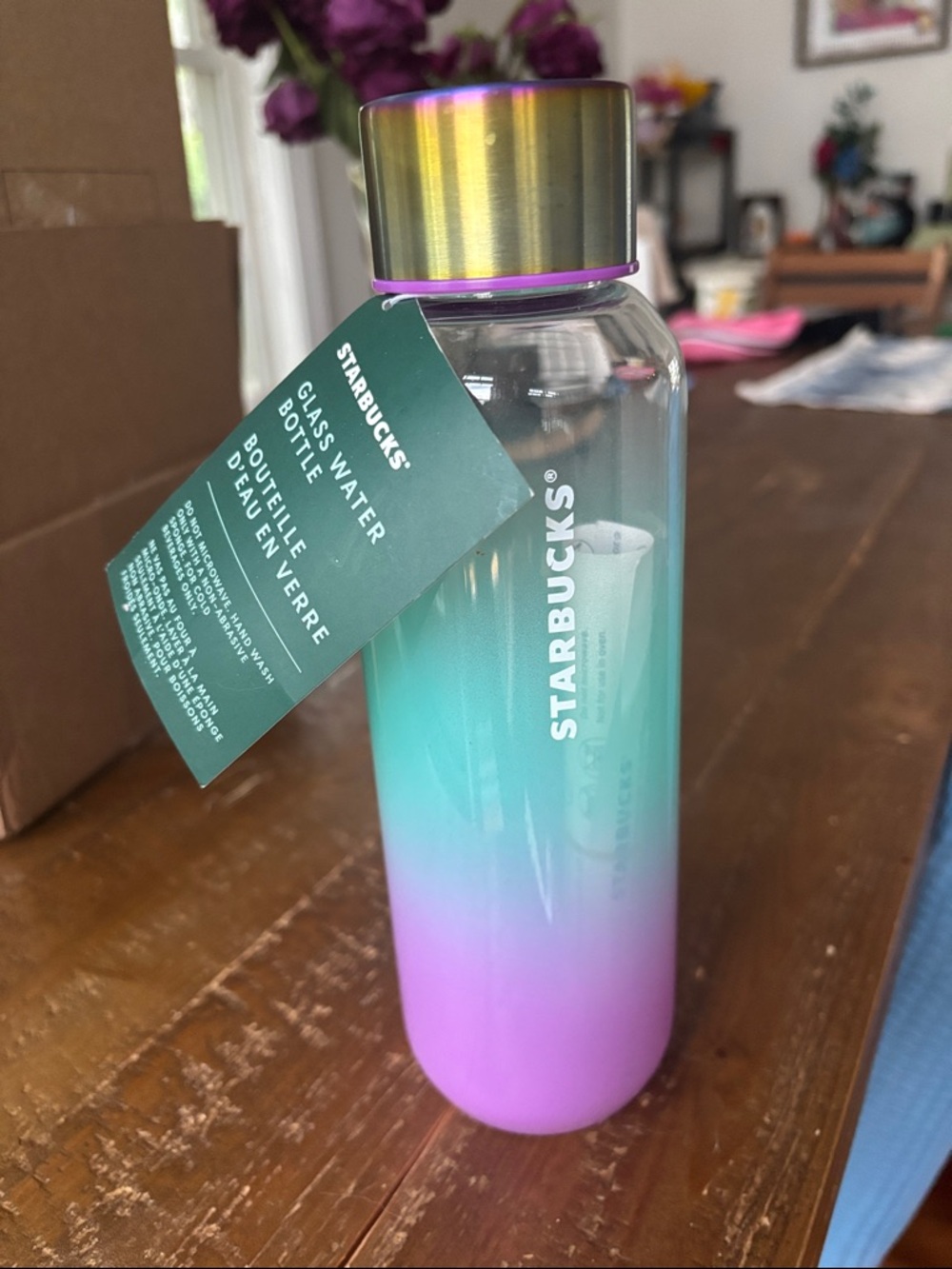 NWT 20 oz Starbucks Turquoise/Light Purple Ombre Glass Bottle with Lid